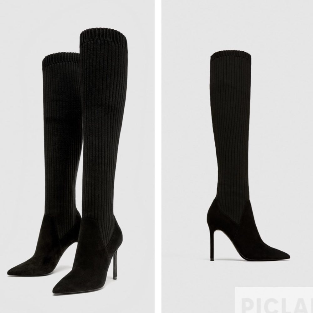 Zara black sock style high heel boots NWT